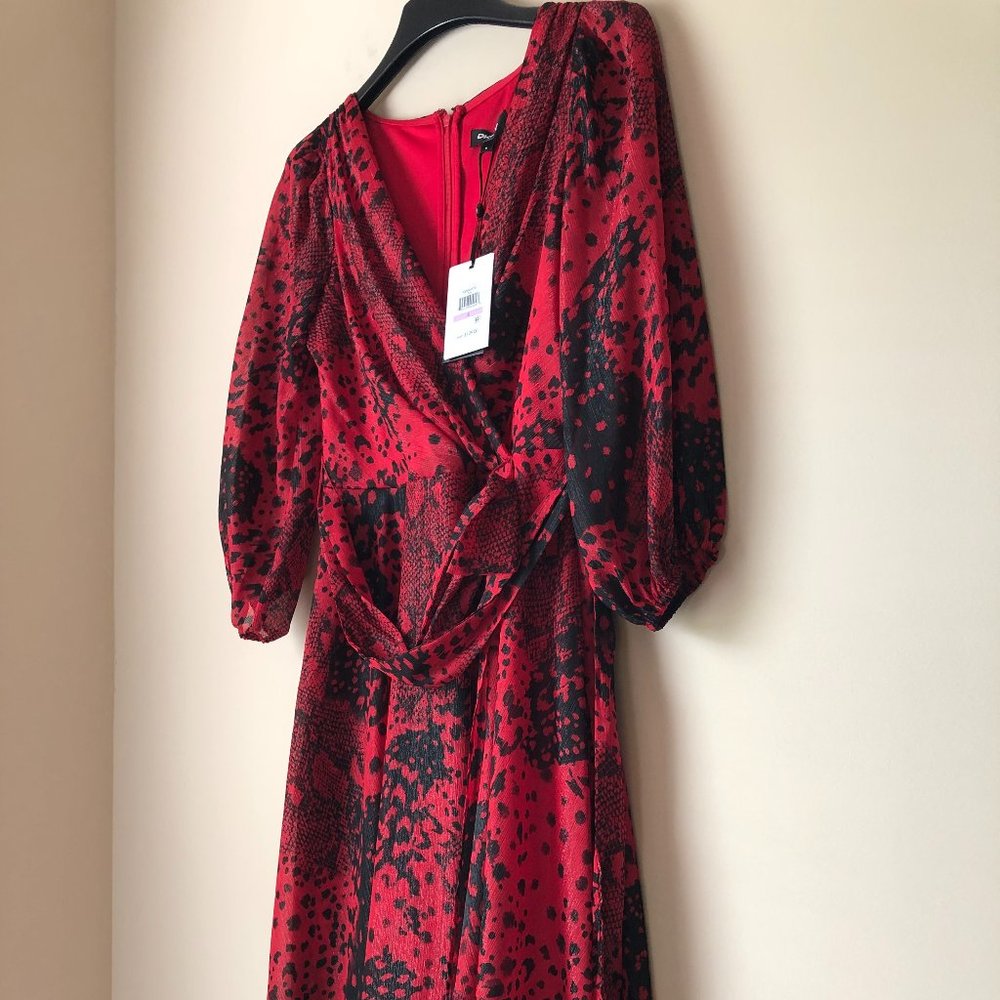 DKNY BALLOON SLEEVE FAUX WRAP SNAKE PRINT DRESS